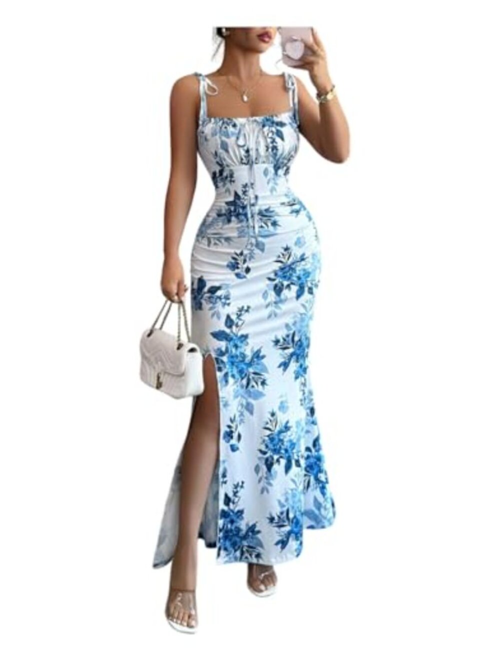 Floerns Women's Floral Cami Maxi Dress Tie Shoulder Split Vacation Bodycon
